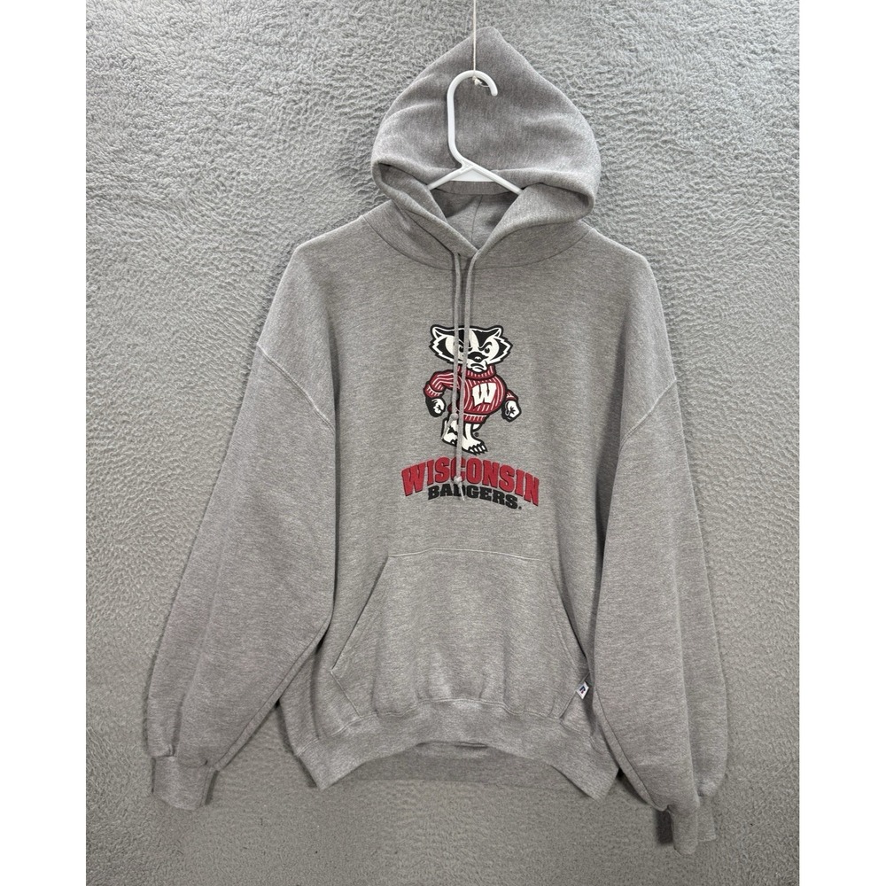 Vintage Wisconsin Badgers Sweatshirt Mens Large Gray Hoodie Russell Athletic Y2K